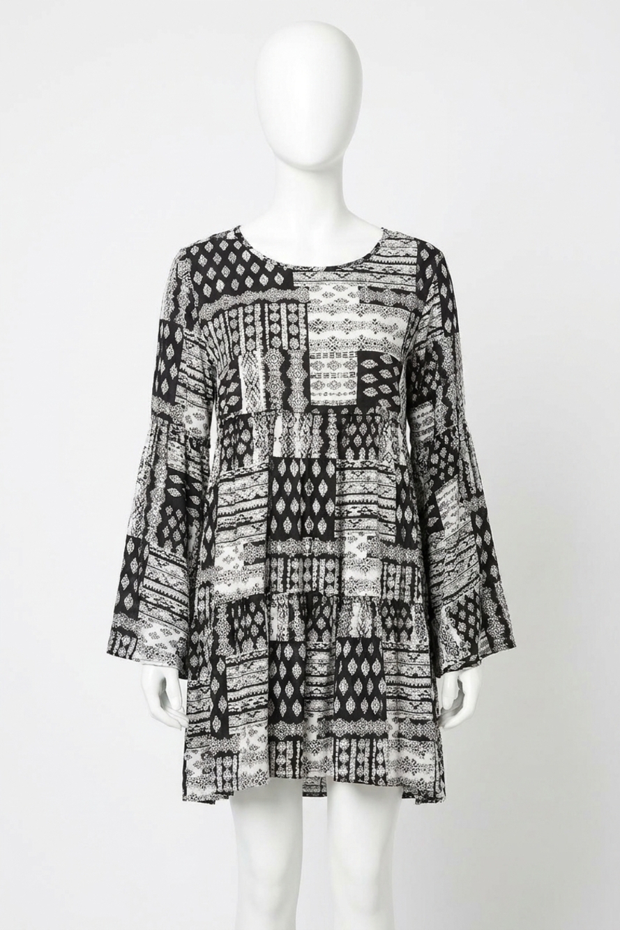 NEW VELZERA multi-pattern bell sleeve mini dress in black